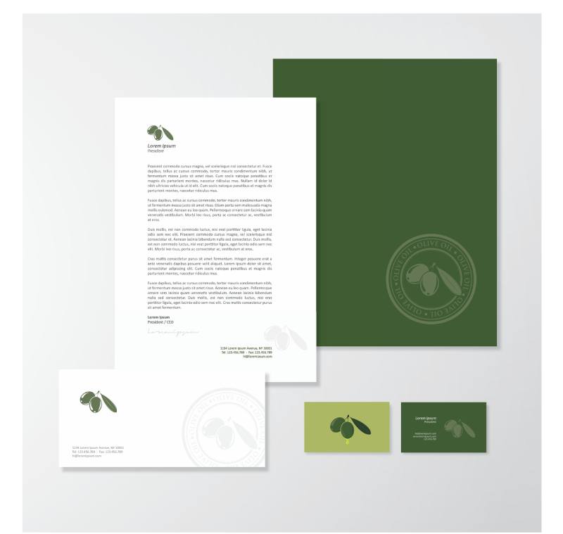 Brand stationery mockup: white letterhead, envelope, green folder, and two business cards with an olive logo motif.